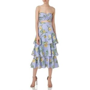 AMUR Lavender Floral Strapless Tiered Midi Dress